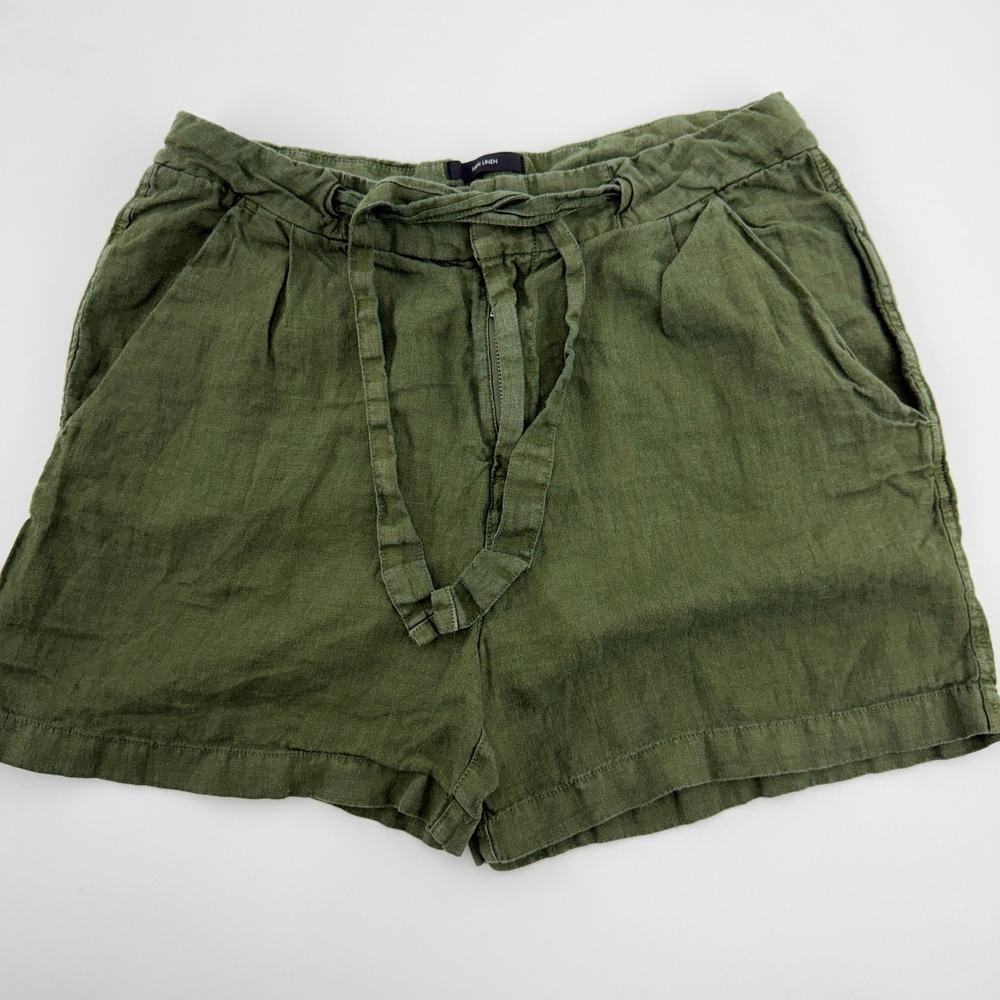 Tahari 100% Linen Drawstring Shorts Women's M Olive Green Pockets
